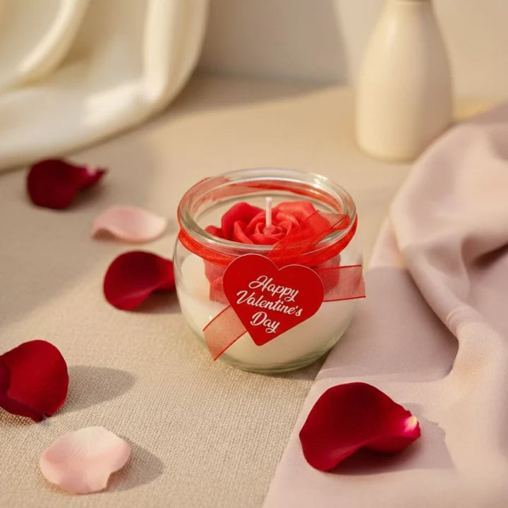 Red rose petal glass jar candle